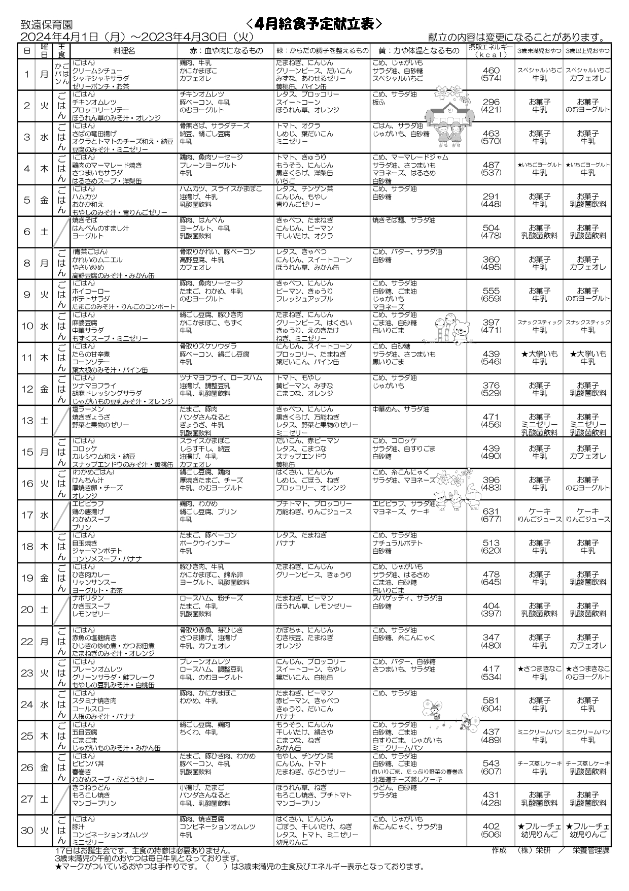 給食の献立2024年04月 致遠保育園